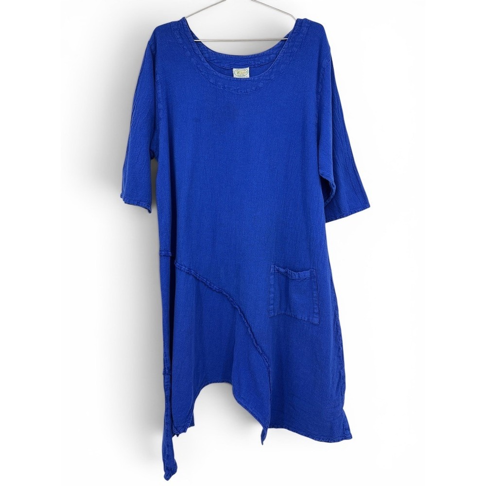 Drawstrings of Malibu Blue Cotton Asymmetric Hem Tunic Dress 2X Made in USA